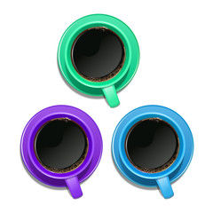Set of realistic cups of coffee of different colors, top view, vector illustration