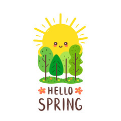Cute happy smiling sun hugs trees