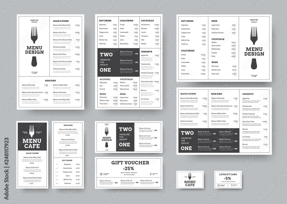 Aufkleber set of menus for cafes and restaurants in the classic white style with division into blocks.