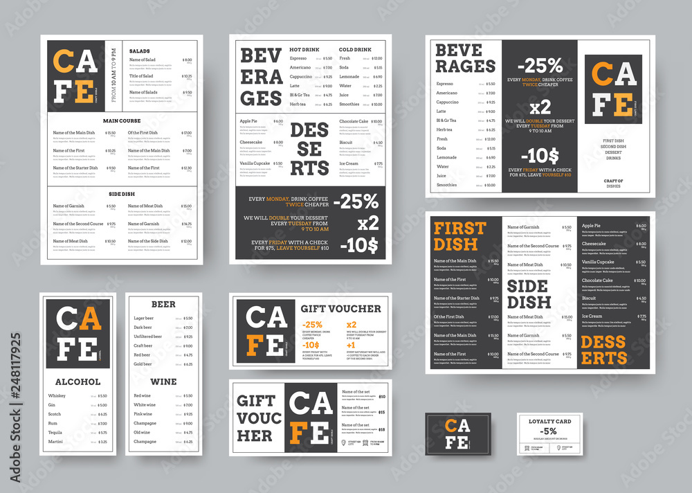 Poster set of black and white vector menu for restaurant with orange design elements.