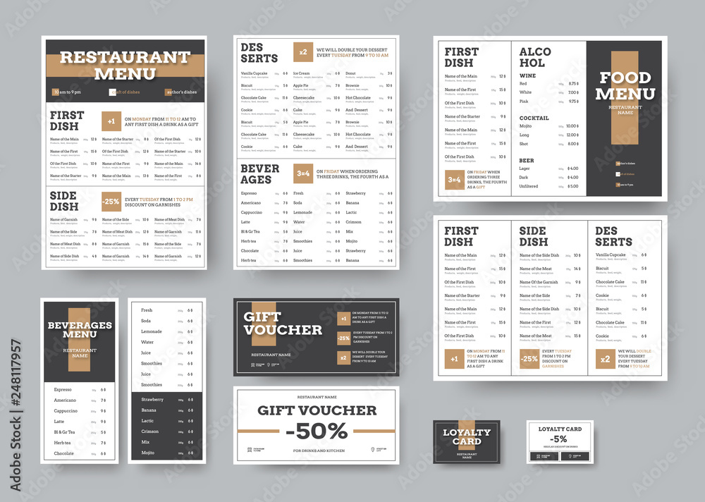 Poster vector menu templates for cafes and restaurants in white with black blocks.