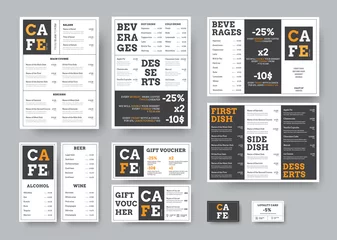 Fotobehang Set of black and white vector menu for restaurant with orange design elements. © olegphotor