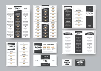 Fotobehang Vector corporate style design for cafes and restaurants in black and white style with dividing into blocks with a stroke and a grunge header effect. © olegphotor