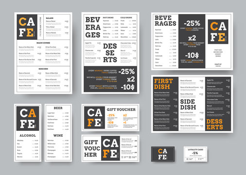 Set of black and white vector menu for restaurant with orange design elements.