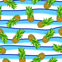 Bright and juicy seamless pattern with pineapples on striped background