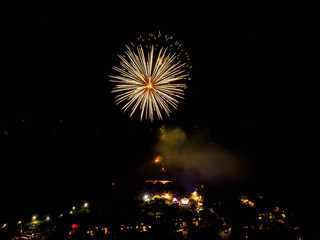 fireworks in the night sky from drone