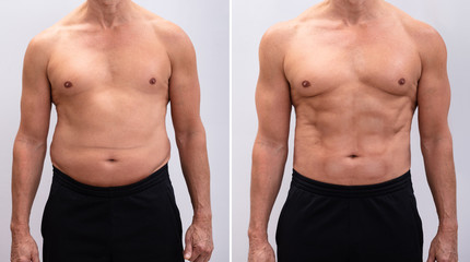 Mature Man Before And After Weight Loss On White Background - obrazy, fototapety, plakaty
