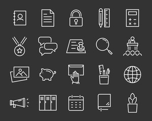 set of office icons, such as meeting room, document, coffee, paper, pen, laptop