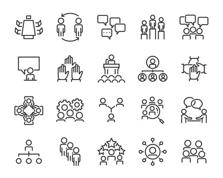 set of planning icons, such as strategy, time, meeting, brainstorm, vote, action plan