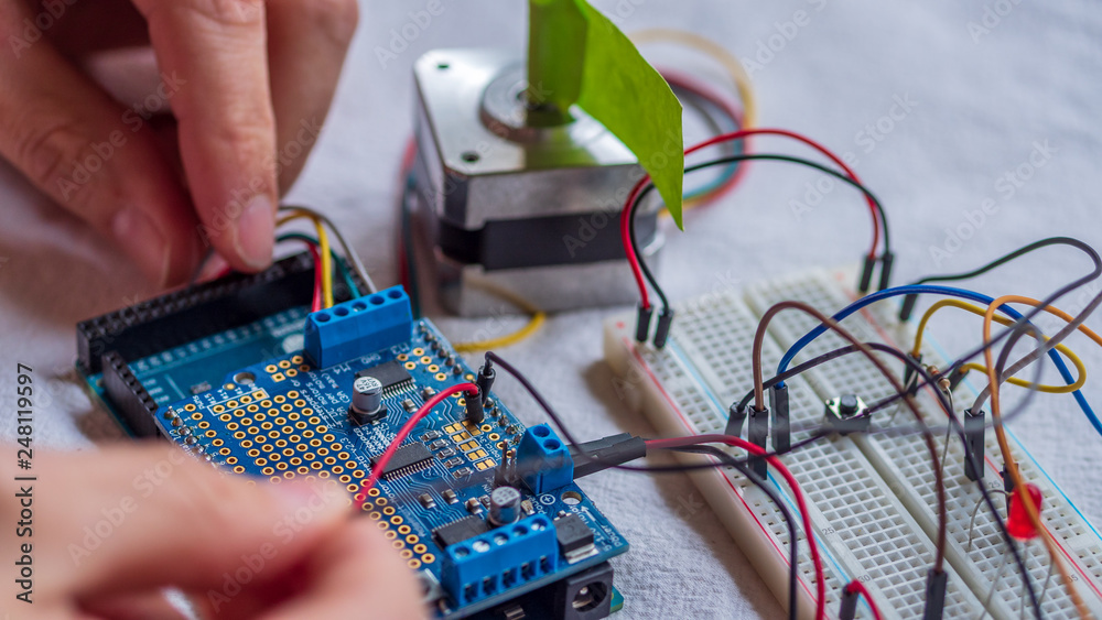 Wall mural microcontroller build closeup showing components, board and shield