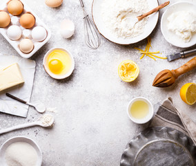  Baking background. Food accessories. Ingredients variety  for cooking dough.Concept Recipe cake of a lemon and pie. Top View. Flat Lay. Copy space for Text.