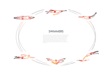 Swimmers - male sportsmen swimming in traditional cap in different poses vector concept set