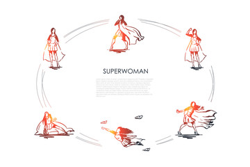 Superwoman - woman in superman costume and on high heels flying, struggling and showing her power vector concept set