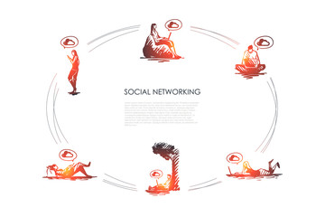 Social networking - people working on laptops and using smartphones vector concept sets