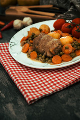Beef meat stewed with potatoes-Traditional French cuisine Beef Bourguignon potatoes carrots in persillade