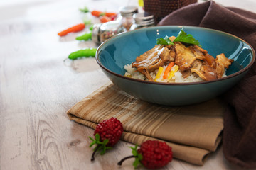 caramel pork and vegetable thai rice