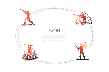 Hunters - men with gun shooting in forest and swamp, holding killed rabbit vector concept set