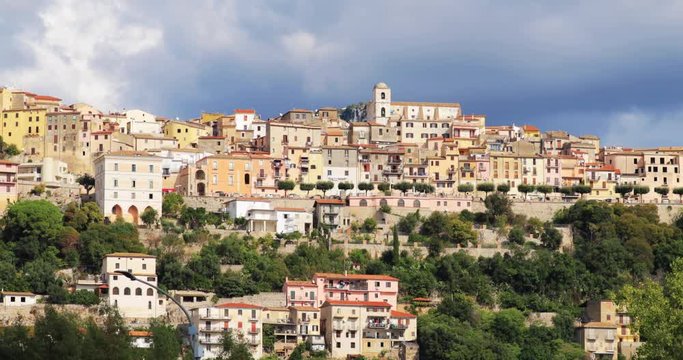 Monte San Biagio, Italy. Top View Of Residential Area. Cityscape In Autumn Day Under Blue Cloudy Sky