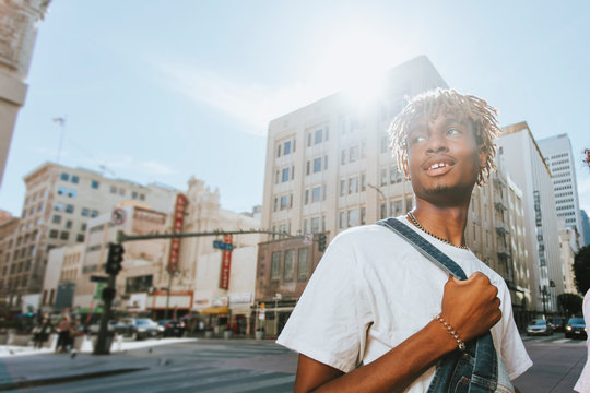 Young guy with dreadlocks in downtown LA