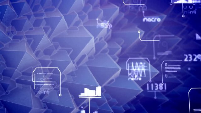 Panoramic 3d rendering of nano pyramids with crystalline slopes, rotating coils and dashing digits in the light violet background. It looks hi-tech and optimistic in seamless loop. 
