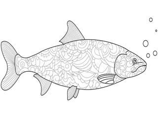 Anti-stress coloring for adults and children. Fish salmon black lines on a white background. Patterns of flowers raster