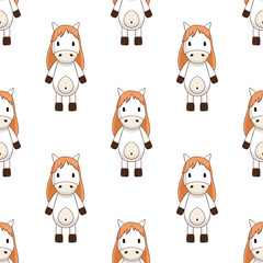 seamless pattern of cartoon white toy horse with brown mane