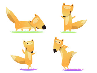 Vector set of cartoon funny foxes isolated on white background. Cute, funny animals, fox character doing various actions used for magazine, book, poster, card, web pages. Vector illustration