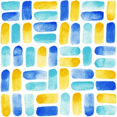 Watercolor brush strokes, smears geometrical background. Can be used as seamless pattern. Watercolour colorful uneven spots or stains texture. Turquoise, blue and yellow abstract hand drawn template.