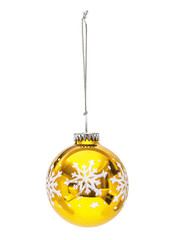 Golden Christmas hanging sphere  with decoration snowflake isolated on the white