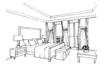 Graphical sketch of an interior bedroom, liner