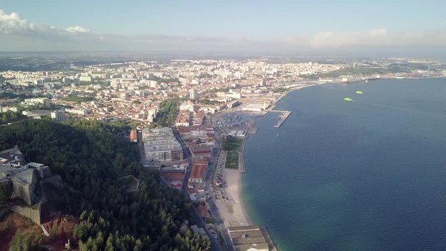 Aerial view of fortress Sao Filipe and coastline in city of Setubal, Portugal
