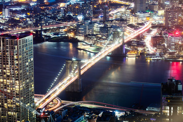 Elevated View Of Illuminated Brooklyn Bridge At Night
