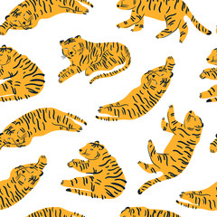 Tiger lies in various poses. Hand drawn vector seamless pattern. Perfect for printing © Dariia