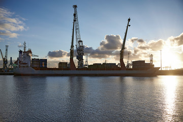 Cranes at work loading and unloading ships at the Port of Rotterdam