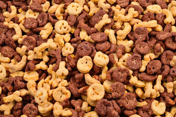  Chocolate flakes in the form of skulls and bones background. Top view.