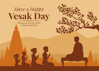 Vesak day banner with Buddhists are listening to the Dharma from monks vector design