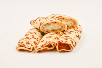 Pancakes with curd isolated on white background.