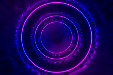 Round tunnel with reflective walls and neon circle illumination 3D Illustration