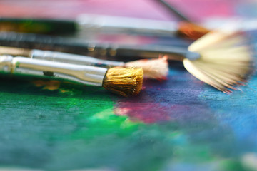 Fototapeta premium The fluffy brush lies on the palette painted with multi-colored oil along with other brushes