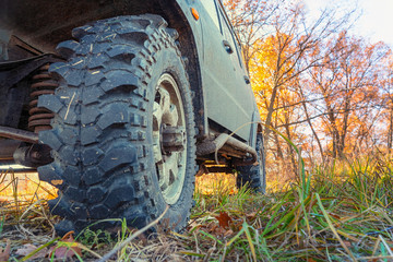 Fototapeta na wymiar Wheels off-road car standing on the grass in the forest