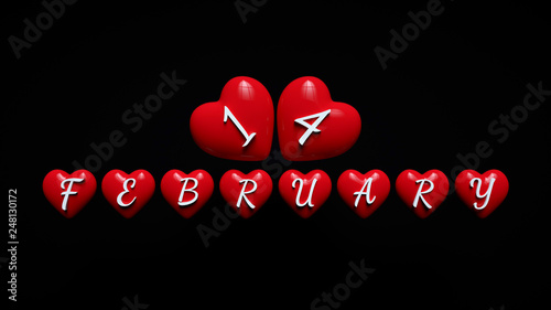 14 February On Red Hearts Isolated On The Black Background