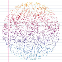 Healthy food and cooking. Fruits, vegetables, household. Doodle vector set.