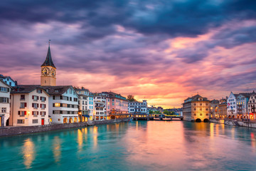 Zurich. Cityscape image of Zurich, Switzerland during dramatic sunset. - obrazy, fototapety, plakaty