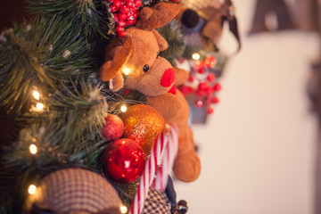 Obraz premium Christmas and New Year Background Green colour Wooden Figures 2018 Holiday Symbol Snow Gift boxes Top View Copy space for Text Top View Copy space for Text