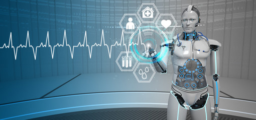 Humanoid Robot Medical Assistant Click ECG - obrazy, fototapety, plakaty
