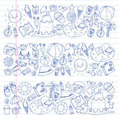 Vector seamless pattern with travel and beach icons.