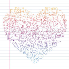 Kindergarten with toys. Pattern for children. Little preschool kids education. Drawing, learning, play