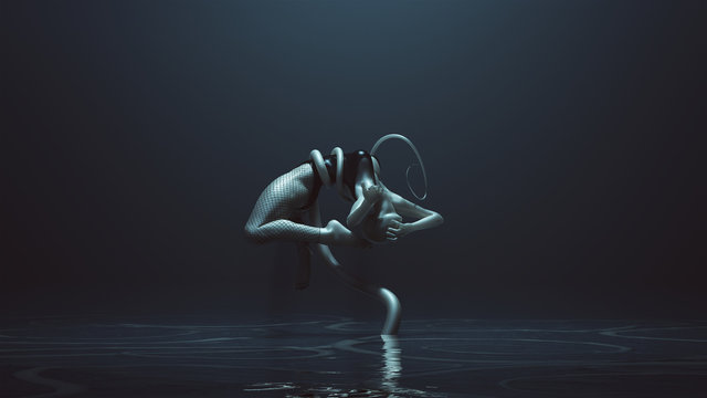 Sexy Water Demon Woman with Tentacles Wrapped Around Her Lifting Her Up Wearing Fishnet Leggings Over a Swimsuit in a Watery Foggy Void 3d Illustration 3d render