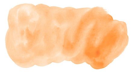 Light orange watercolor hand-drawn isolated wash stain on white background for text, design. Abstract texture made by brush for wallpaper, label.