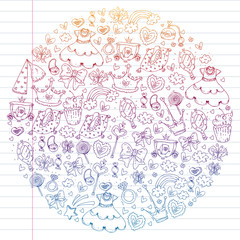 Magic princess vector illustration. Cartoon set. Design for little girls. Beautiful fantasy fairytale with fashion elements for patterns.